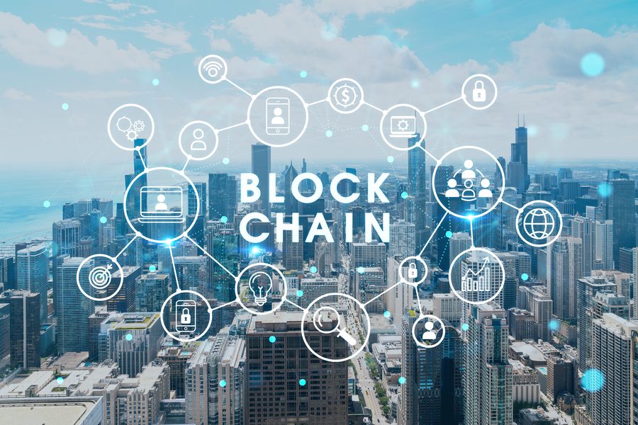 Blockchain network connecting communities across a global city skyline